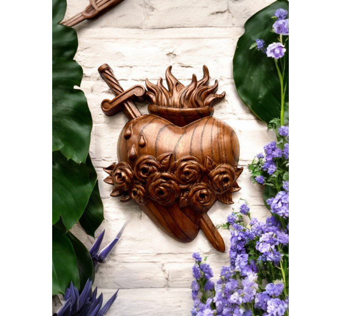 Wooden Three Sacred Hearts of the Holy Family Wall Hanging Art, Free Shipping