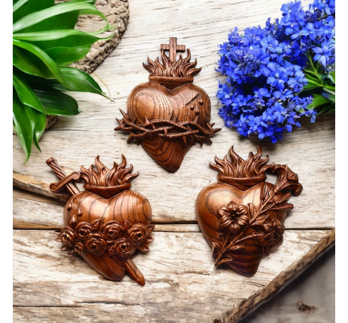 Wooden Three Sacred Hearts of the Holy Family Wall Hanging Art, Free Shipping